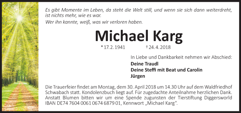  Traueranzeige für Michael Karg vom 28.04.2018 aus Schwabach