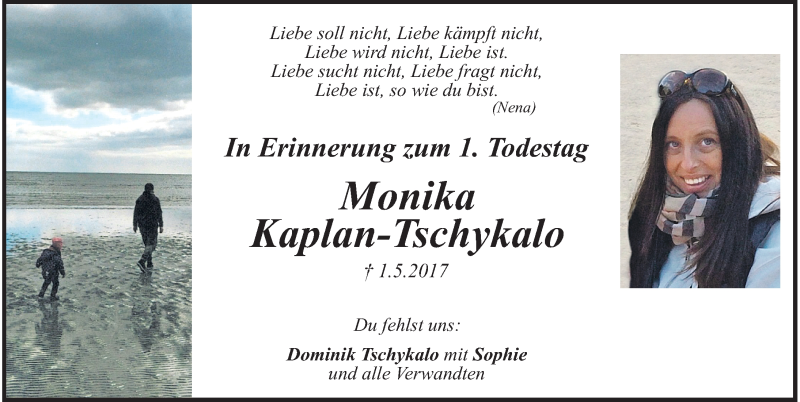  Traueranzeige für Monika Kaplan-Tschykalo vom 01.05.2018 aus Neumarkter Nachrichten Lokal