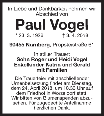 Traueranzeige von Paul Vogel von Gesamtausgabe Nürnberger Nachrichten/ Nürnberger Ztg.