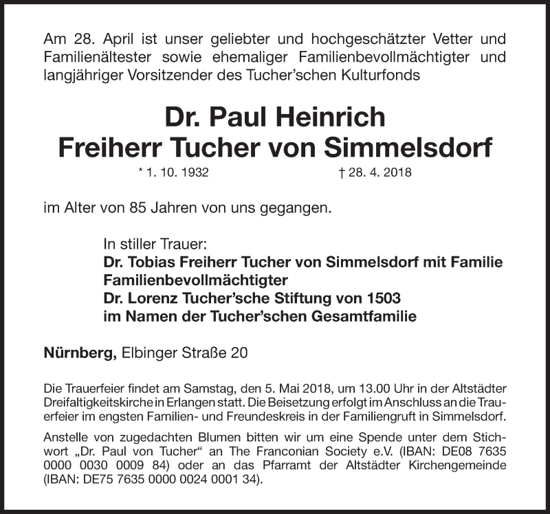  Traueranzeige für Paul Heinrich Freiherr Tucher von Simmelsdorf vom 01.05.2018 aus Gesamtausgabe Nürnberger Nachrichten/ Nürnberger Ztg.