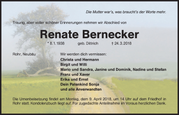 Traueranzeige von Renate Bernecker von Schwabach