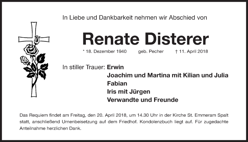  Traueranzeige für Renate Disterer vom 17.04.2018 aus Roth-Hilpoltsteiner Volkszeitung Lokal