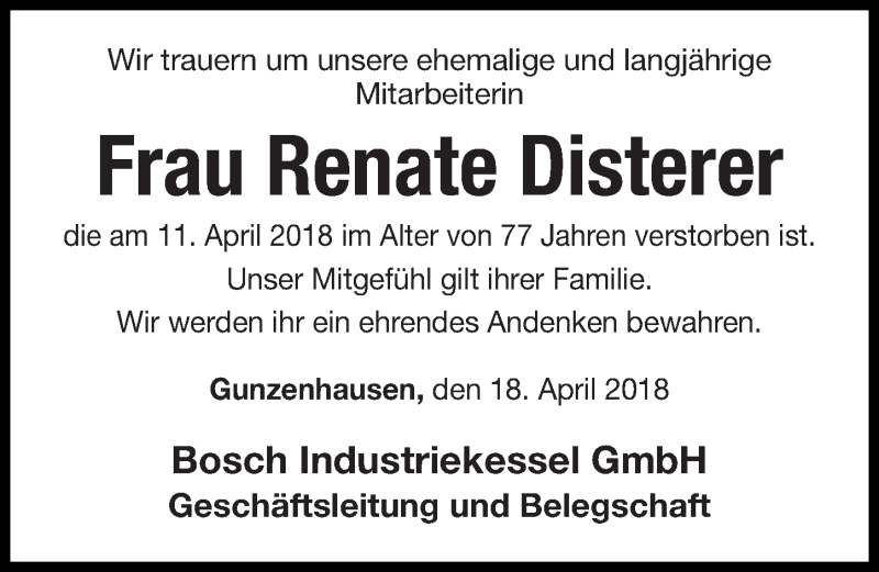  Traueranzeige für Renate Disterer vom 18.04.2018 aus Altmühl-Bote Lokal
