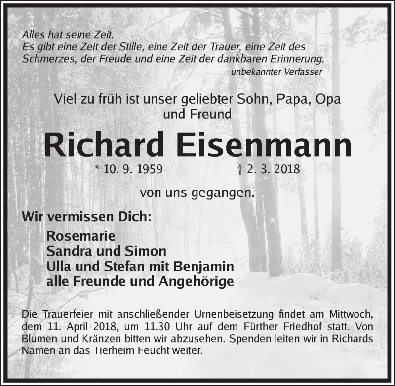  Traueranzeige für Richard Eisenmann vom 07.04.2018 aus Fürther Nachrichten Lokal