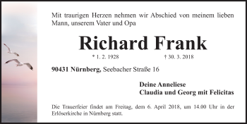 Traueranzeige von Richard Frank von Gesamtausgabe Nürnberger Nachrichten/ Nürnberger Ztg.