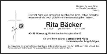 Traueranzeige von Rita Bäcker von Gesamtausgabe Nürnberger Nachrichten/ Nürnberger Ztg.