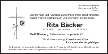 Traueranzeige von Rita Bäcker von Gesamtausgabe Nürnberger Nachrichten/ Nürnberger Ztg.