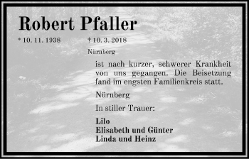Traueranzeige von Robert Pfaller von Gesamtausgabe Nürnberger Nachrichten/ Nürnberger Ztg.