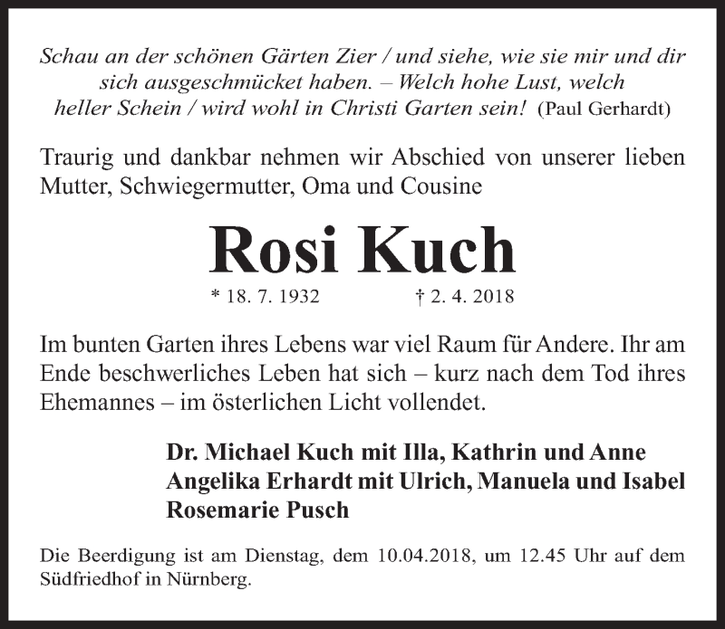  Traueranzeige für Rosi Kuch vom 07.04.2018 aus Gesamtausgabe Nürnberger Nachrichten/ Nürnberger Ztg.