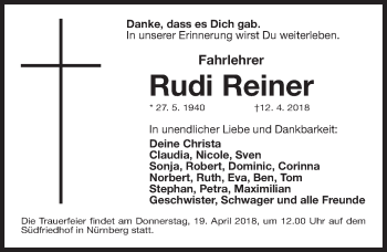 Traueranzeige von Rudi Reiner von Gesamtausgabe Nürnberger Nachrichten/ Nürnberger Ztg.