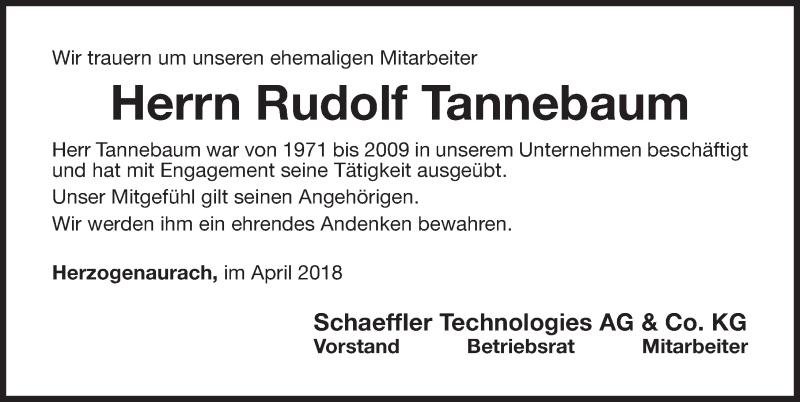  Traueranzeige für Rudolf Tannebauer vom 05.04.2018 aus Nordbayerische Nachrichten Herzogenaurach Lokal