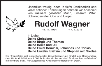 Traueranzeige von Rudolf Wagner von Gesamtausgabe Nürnberger Nachrichten/ Nürnberger Ztg.