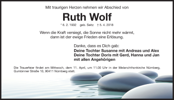 Traueranzeige von Ruth Wolf von Gesamtausgabe Nürnberger Nachrichten/ Nürnberger Ztg.
