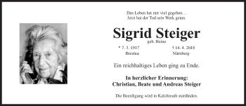Traueranzeige von Sigrid Steiger von Gesamtausgabe Nürnberger Nachrichten/ Nürnberger Ztg.