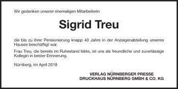 Traueranzeige von Sigrid Treu von Gesamtausgabe Nürnberger Nachrichten/ Nürnberger Ztg.