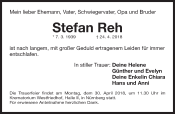 Traueranzeige von Stefan Reh von Gesamtausgabe Nürnberger Nachrichten/ Nürnberger Ztg.