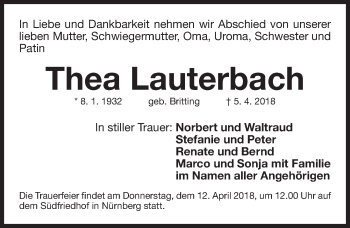 Traueranzeige von Thea Lauterbach von Gesamtausgabe Nürnberger Nachrichten/ Nürnberger Ztg.