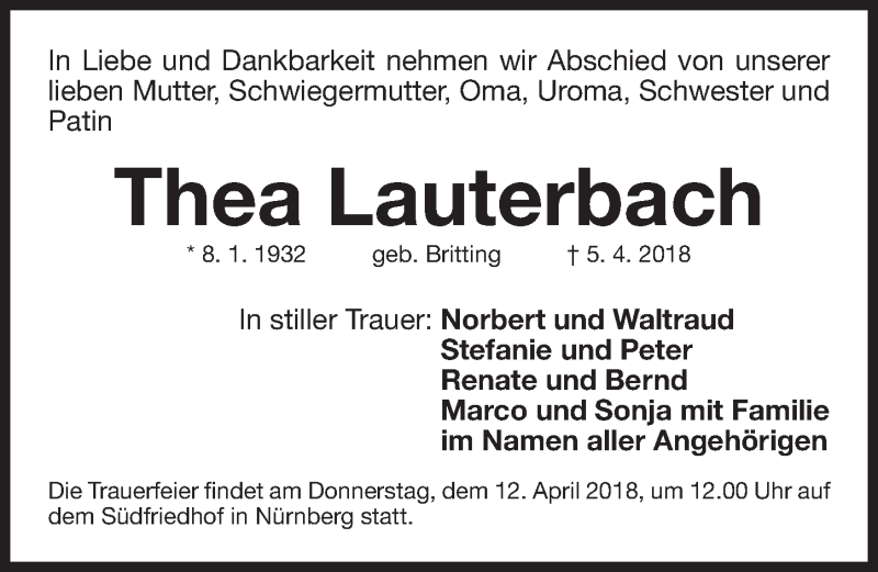 Traueranzeige für Thea Lauterbach vom 07.04.2018 aus Gesamtausgabe Nürnberger Nachrichten/ Nürnberger Ztg.