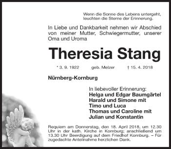 Traueranzeige von Theresia Stang von Gesamtausgabe Nürnberger Nachrichten/ Nürnberger Ztg.