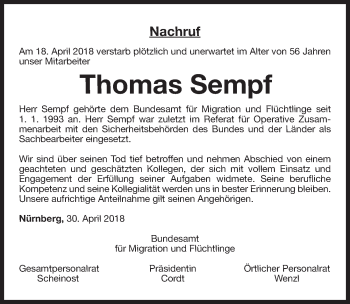 Traueranzeige von Thomas Sempf von Gesamtausgabe Nürnberger Nachrichten/ Nürnberger Ztg.
