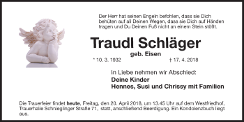 Traueranzeige von Traudl Schläger von Gesamtausgabe Nürnberger Nachrichten/ Nürnberger Ztg.