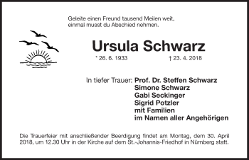 Traueranzeige von Ursula Schwarz von Gesamtausgabe Nürnberger Nachrichten/ Nürnberger Ztg.