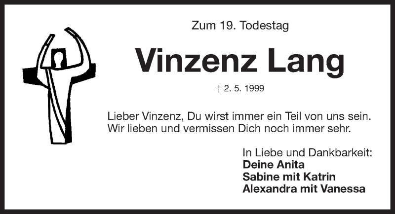  Traueranzeige für Vinzenz Lang vom 01.05.2018 aus Erlanger Nachrichten Lokal
