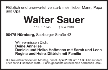 Traueranzeige von Walter Sauer von Gesamtausgabe Nürnberger Nachrichten/ Nürnberger Ztg.