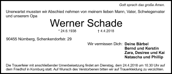 Traueranzeige von Werner Schade von Schwabach