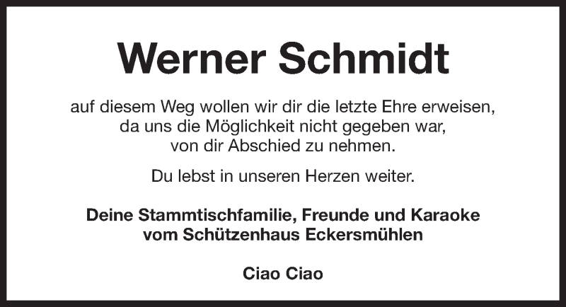  Traueranzeige für Werner Schmidt vom 28.04.2018 aus Roth-Hilpoltsteiner Volkszeitung Lokal