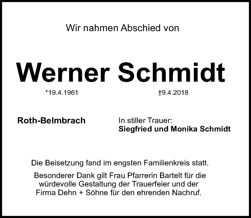  Traueranzeige für Werner Schmidt vom 25.04.2018 aus Roth-Hilpoltsteiner Volkszeitung Lokal