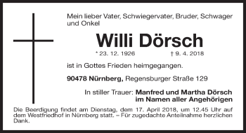 Traueranzeige von Willi Dörsch von Gesamtausgabe Nürnberger Nachrichten/ Nürnberger Ztg.