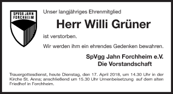 Traueranzeige von Willi Grüner von Nordbayerische Nachrichten Forchheim Lokal