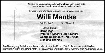 Traueranzeige von Willi Mantke von Erlanger Nachrichten Lokal