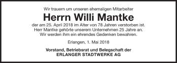 Traueranzeige von Willi Mantke von Erlanger Nachrichten Lokal
