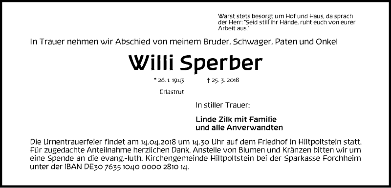  Traueranzeige für Willi Sperber vom 12.04.2018 aus Nordbayer. Nachrichten Forchheim/ Nordbayer. Nachrichten Pegnitz