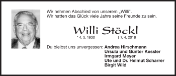 Traueranzeige von Willi Stöckl von Gesamtausgabe Nürnberger Nachrichten/ Nürnberger Ztg.