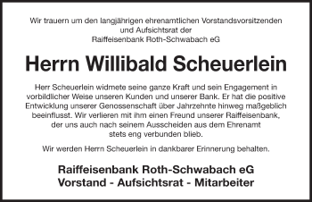 Traueranzeige von Willibald Scheuerlein von Roth-Hilpoltsteiner Volkszeitung Lokal