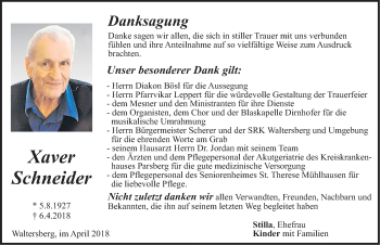 Traueranzeige von Xaver Schneider von Neumarkter Nachrichten Lokal