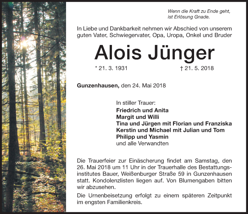  Traueranzeige für Alois Jünger vom 24.05.2018 aus Altmühl-Bote Lokal