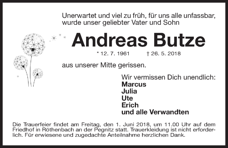  Traueranzeige für Andreas Butze vom 30.05.2018 aus Gesamtausgabe Nürnberger Nachrichten/ Nürnberger Ztg.