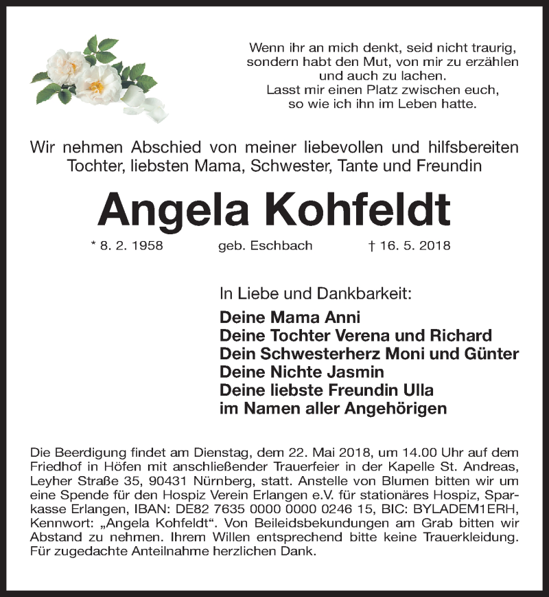  Traueranzeige für Angela Kohfeldt vom 19.05.2018 aus Gesamtausgabe Nürnberger Nachrichten/ Nürnberger Ztg.