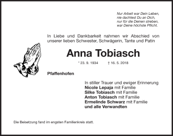 Traueranzeige von Anna Tobiasch von Roth-Hilpoltsteiner Volkszeitung Lokal