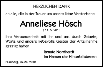 Traueranzeige von Anneliese Hösch von Gesamtausgabe Nürnberger Nachrichten/ Nürnberger Ztg.