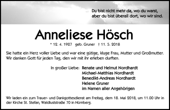 Traueranzeige von Anneliese Hösch von Gesamtausgabe Nürnberger Nachrichten/ Nürnberger Ztg.