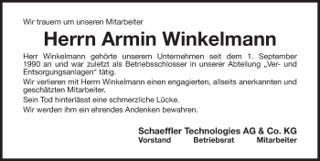 Traueranzeige von Armin Winkelmann von Nordbayerische Nachrichten Herzogenaurach Lokal