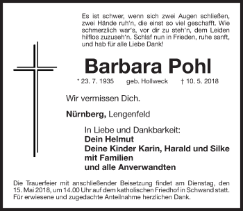 Traueranzeige von Barbara Pohl von Gesamtausgabe Nürnberger Nachrichten/ Nürnberger Ztg.