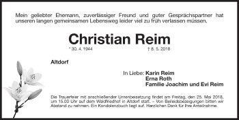 Traueranzeige von Christian Reim von Gesamtausgabe Nürnberger Nachrichten/ Nürnberger Ztg.