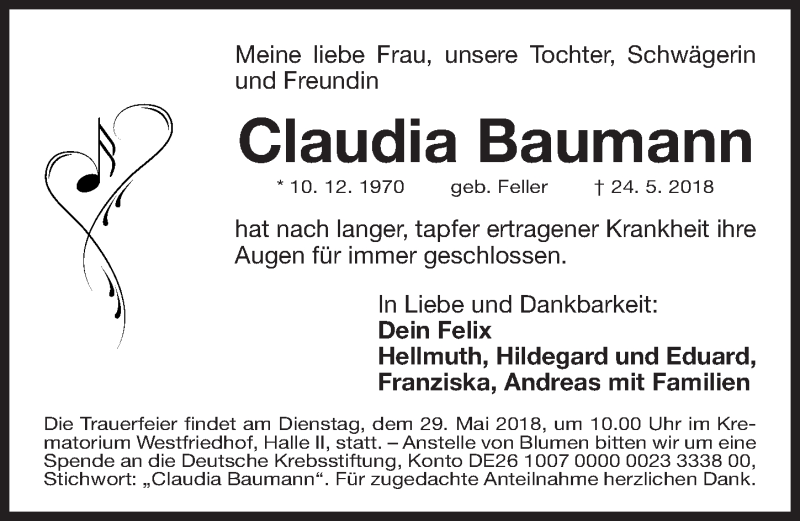  Traueranzeige für Claudia Baumann vom 26.05.2018 aus Gesamtausgabe Nürnberger Nachrichten/ Nürnberger Ztg.
