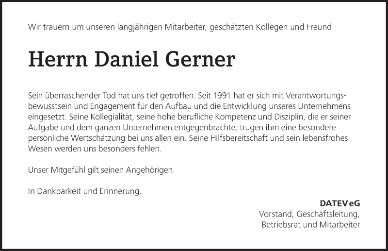  Traueranzeige für Daniel Gerner vom 29.05.2018 aus Gesamtausgabe Nürnberger Nachrichten/ Nürnberger Ztg.